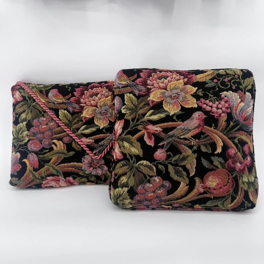 Tapestry Throw Pillows SET of 2 Black Floral Bird Dark Whimsy Boho Cottage‎ Core